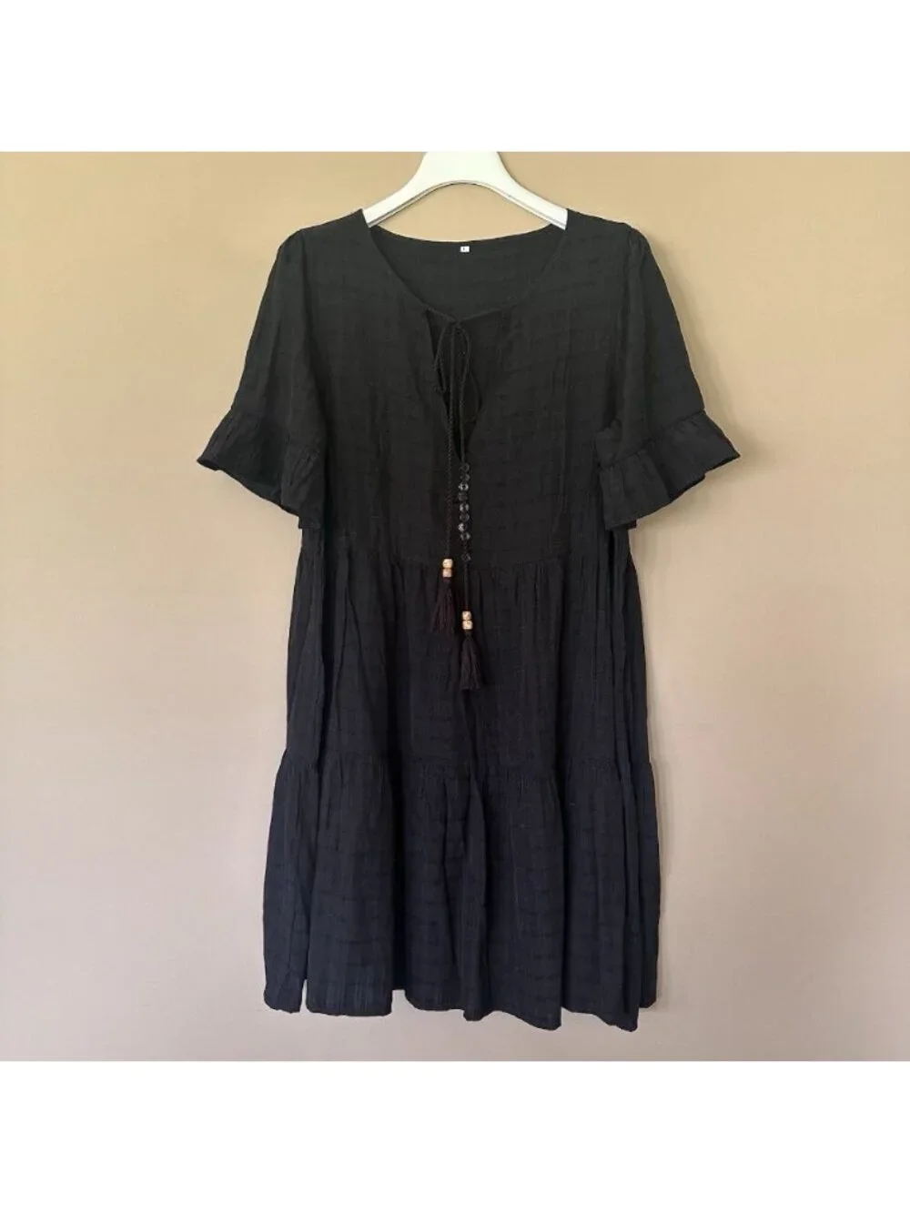 Casual Black Boho Dress sz L Oversized Tiered Peasant Festival Tassel Relaxed